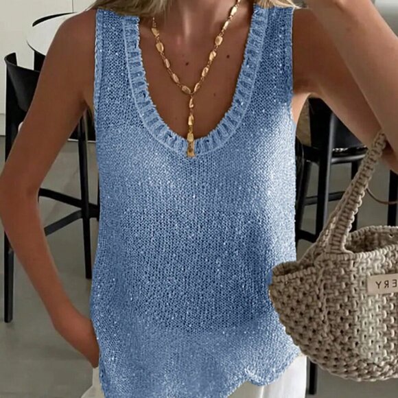 Blue Casual Women's Cute Sparkly See Through Textured Round Neck top - Picture 1 of 8